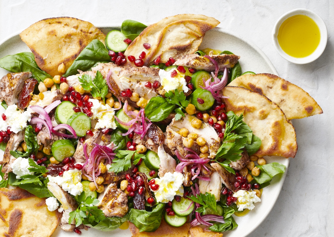 Lemony sumac chicken and chickpea salad with dates, feta and baby